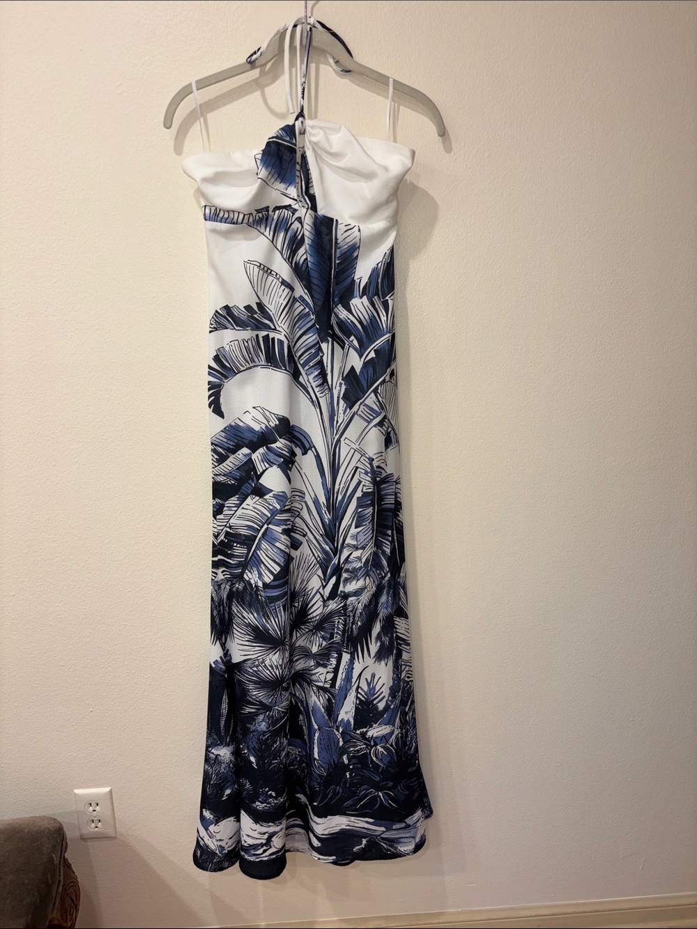 Commense White Strapless Maxi Dress with Navy Botanical Print size S
